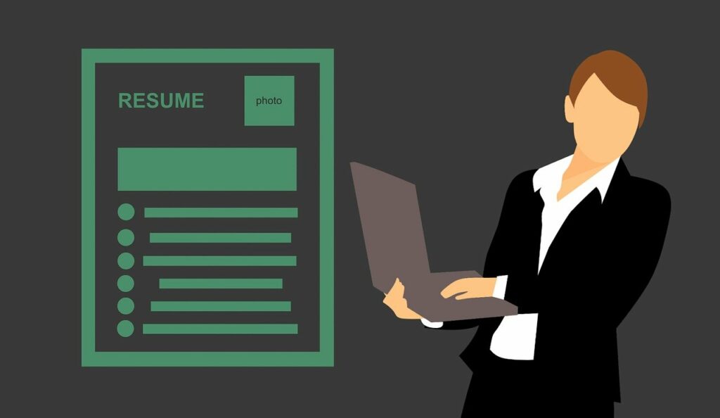 Animated image of a character holding a laptop adjacent to an outline of a paper with the word "RESUME"