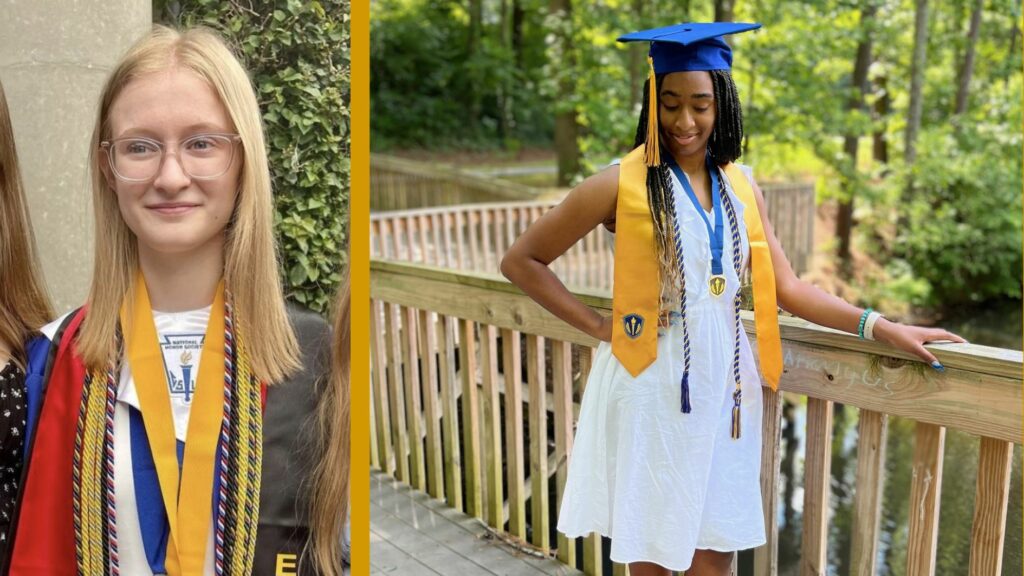 Two females wearing graduation sashes and honor cords