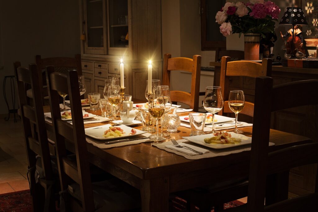 A table set with dishes and drinks