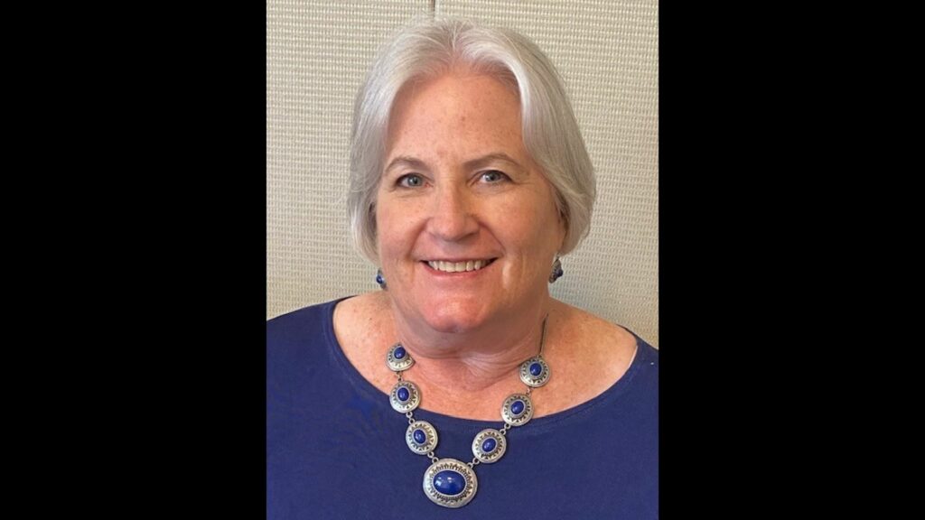 Headshot of individual wearing a blue shirt and bold necklace.